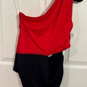 Michael Kors one shoulder swimsuit, size 14/Large red/navy blue great condition.